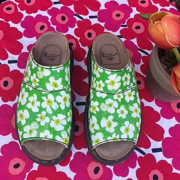 🏴󠁧󠁢󠁥󠁮󠁧󠁿 Dr. Martens MIE Vintage 90’s Green Daisy Floral Platform Slides UK 8 - Picture 10 of 16